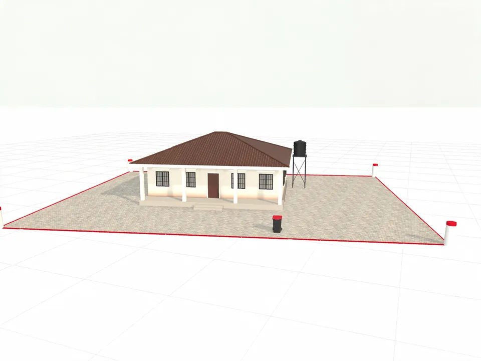 Illustration of a proof photo: the premises and its wheelie bin, seen from the gate